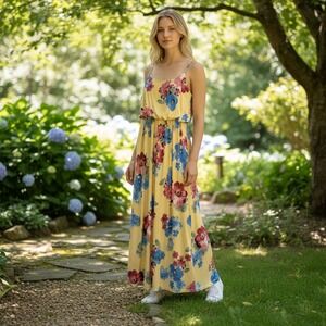 éloges Yellow Floral Maxi Dress Spaghetti Strap Elastic Waist Summer‎ Boho Dress